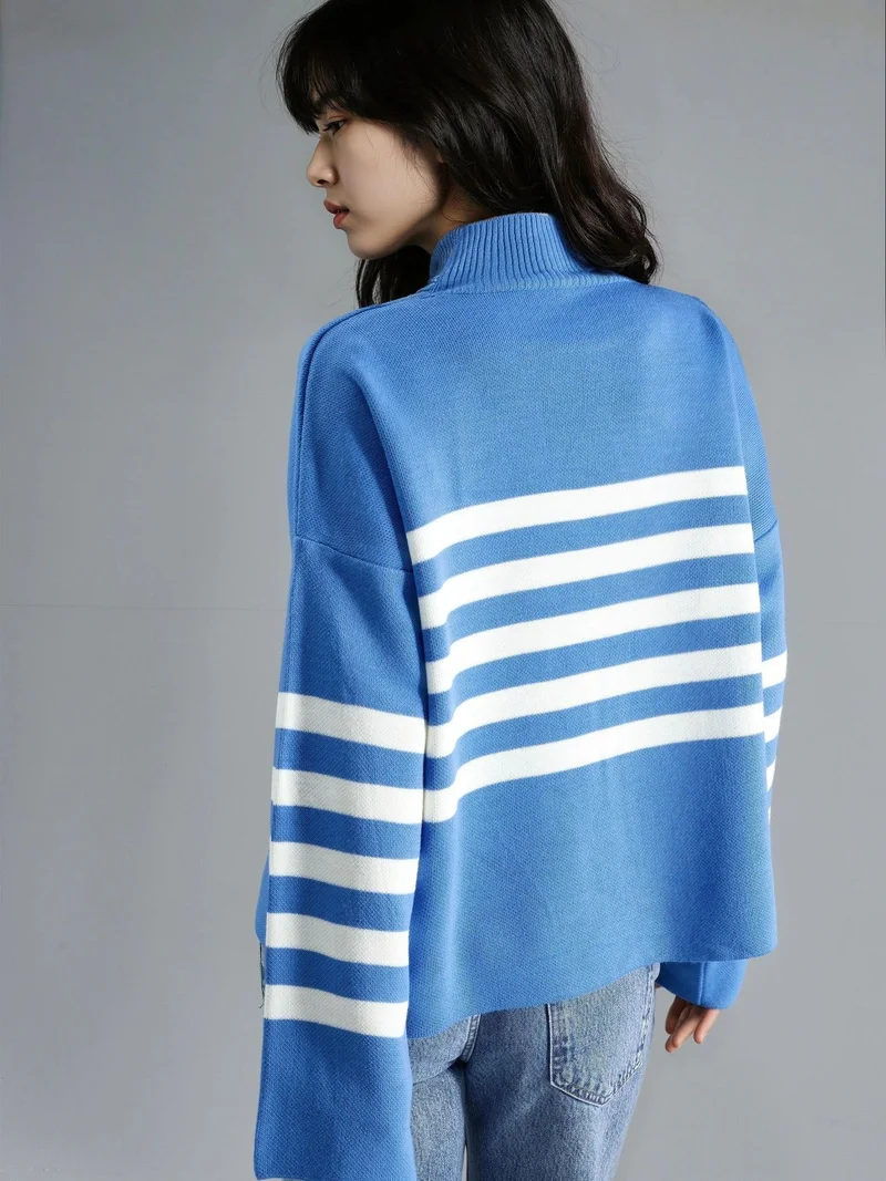 MY FASHION Cerulean Blue MY FASHION Oversized Striped Turtleneck Sweater for Women | Best Price UAE