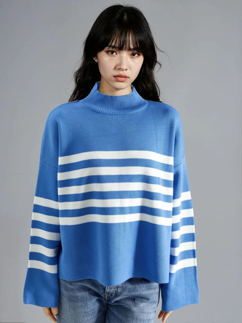 MY FASHION Cerulean Blue MY FASHION Oversized Striped Turtleneck Sweater for Women | Best Price UAE