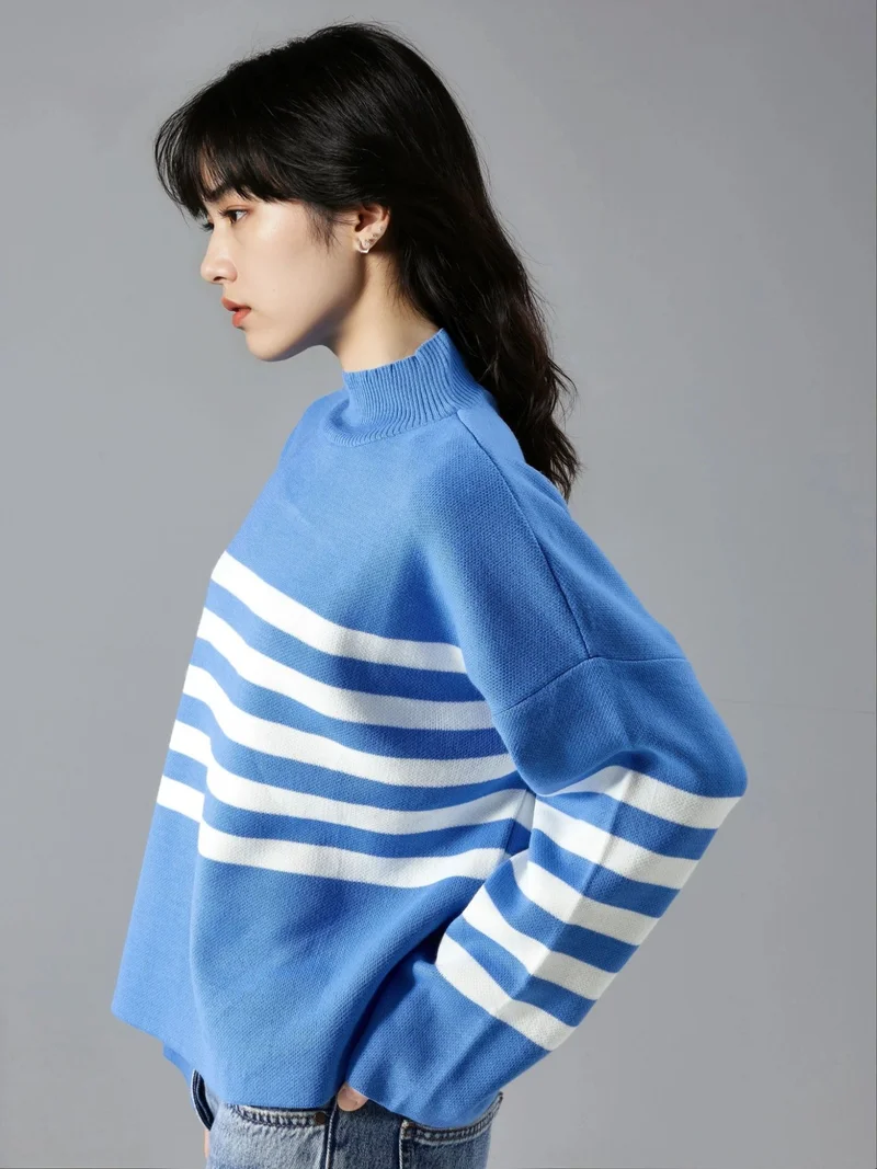 MY FASHION Cerulean Blue MY FASHION Oversized Striped Turtleneck Sweater for Women | Best Price UAE