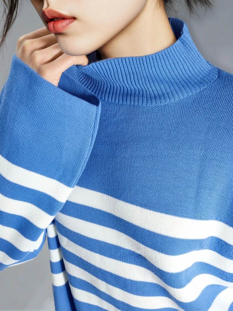 MY FASHION Cerulean Blue MY FASHION Oversized Striped Turtleneck Sweater for Women | Best Price UAE