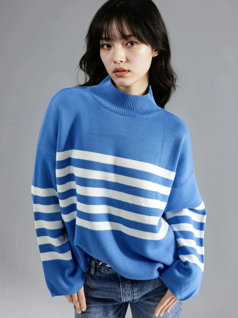 MY FASHION Oversized Striped Turtleneck Sweater