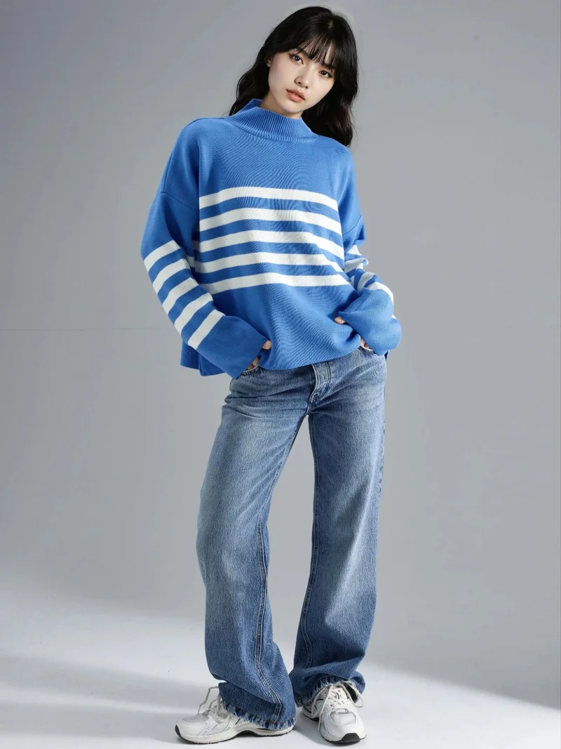 MY FASHION Cerulean Blue MY FASHION Oversized Striped Turtleneck Sweater for Women | Best Price UAE