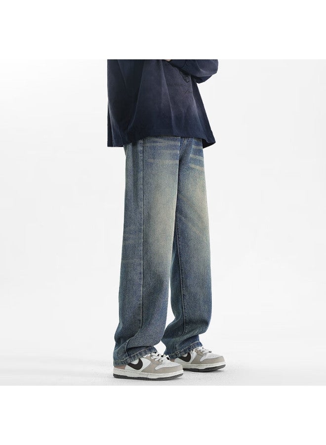 Maybeyond Men's Jeans, Summer Loose Casual Straight-leg Pants, Trendy American-style Trousers For Men, Ss526 Vintage Blue, Size L - Image 2