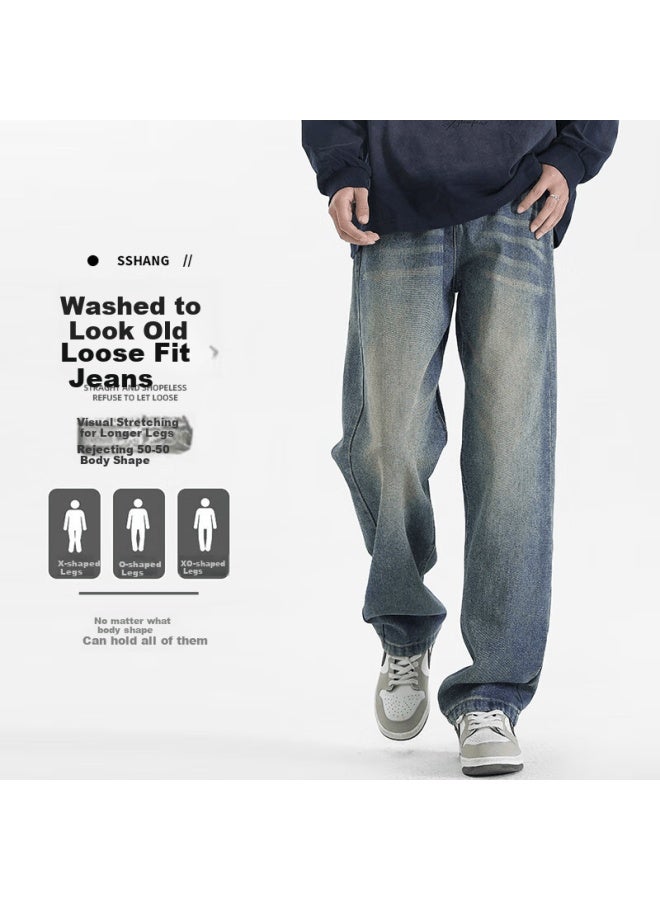 Maybeyond Men's Jeans, Summer Loose Casual Straight-leg Pants, Trendy American-style Trousers For Men, Ss526 Vintage Blue, Size L - Image 1