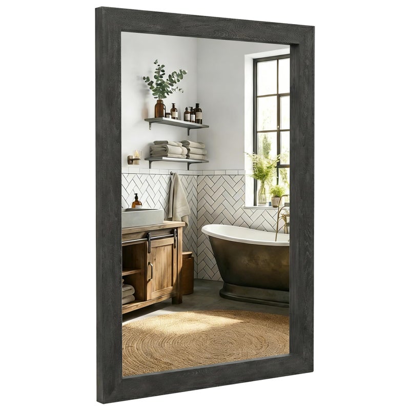 Pocetry 24" x 36" Black Bathroom Mirror for Wall, Rustic Charred Wood Texture Vanity Mirror, Industrial Farmhouse Decor for Over Sink & Living Room, Wide Trim - Image 1