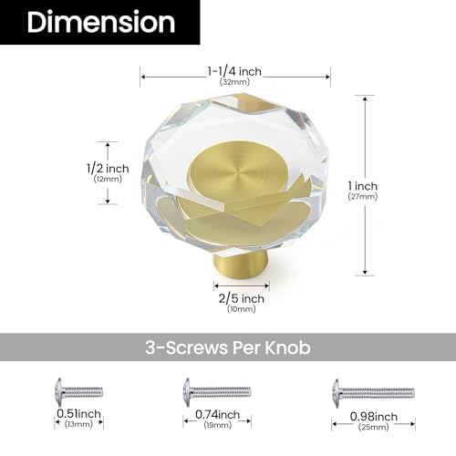 CEYMIO 4 Pack Gold Crystal Cabinet Knobs, 1-1/4 Inch Glass Drawer Pulls and Brass Handles for Kitchen,Dressers, Closets and Bathroom Hardware - Image 2
