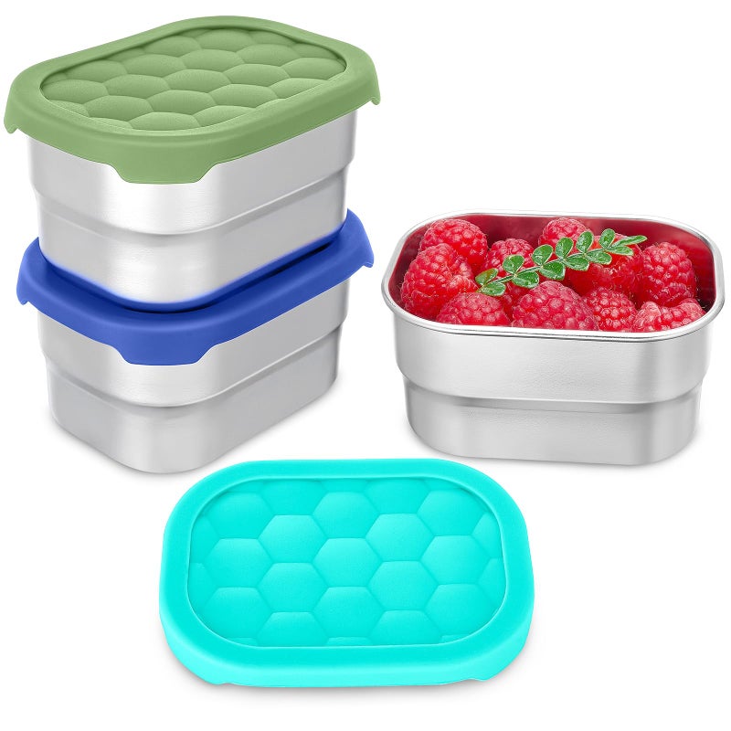 Gencywe 3 Pack Stainless Steel Snack Containers for Kids 8 oz Easy Open Leak Proof Small Toddler Snack Containers with Silicone Lids Stackable Metal Lunch Box for Daycare and School Blue