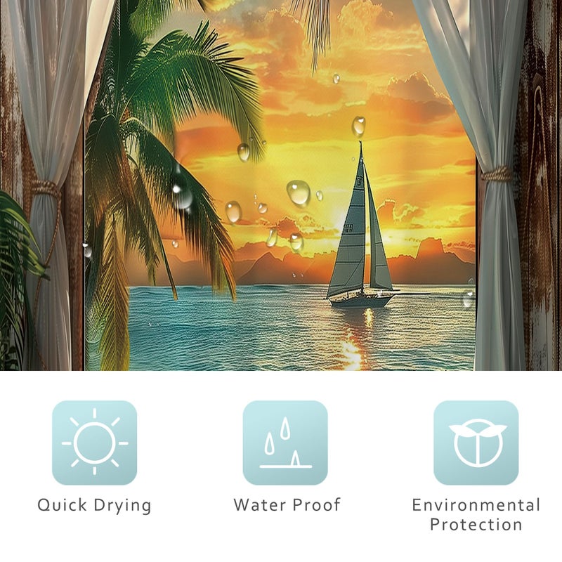 ريديكور Riyidecor صغير المماطلة الشاطئ ستارة دش 36WX72H بوصة الساحلية المحيط RV البحر هاواي غروب الشمس الاستوائية المشهد الضيق حظيرة للباب الحمام ريفي النسيج البوليستر مقاوم للماء 7 حزمة السنانير - Image 4