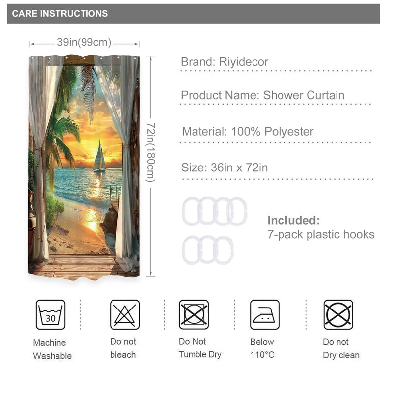 ريديكور Riyidecor صغير المماطلة الشاطئ ستارة دش 36WX72H بوصة الساحلية المحيط RV البحر هاواي غروب الشمس الاستوائية المشهد الضيق حظيرة للباب الحمام ريفي النسيج البوليستر مقاوم للماء 7 حزمة السنانير - Image 3