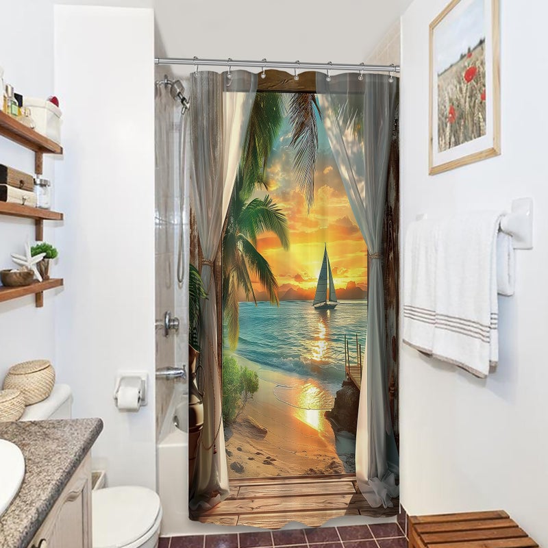 ريديكور Riyidecor صغير المماطلة الشاطئ ستارة دش 36WX72H بوصة الساحلية المحيط RV البحر هاواي غروب الشمس الاستوائية المشهد الضيق حظيرة للباب الحمام ريفي النسيج البوليستر مقاوم للماء 7 حزمة السنانير - Image 2