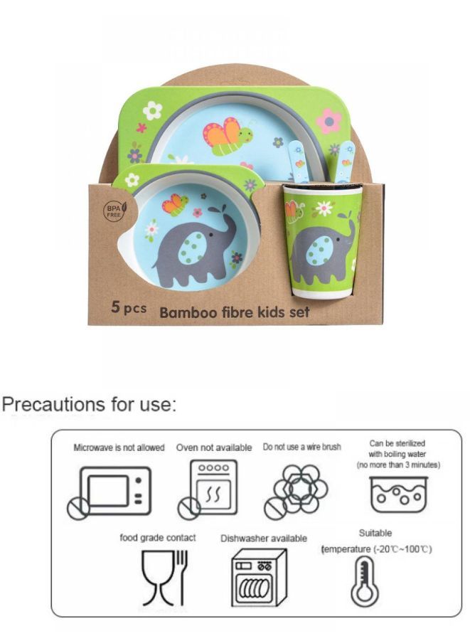 Kids Bamboo Fiber Plate Set – Elephant Design | 5-Piece Eco-Friendly Dinner Set for Toddlers & Kids | Safe Non-Toxic Tableware with Plate, Bowl, Cup, Fork & Spoon - Image 2