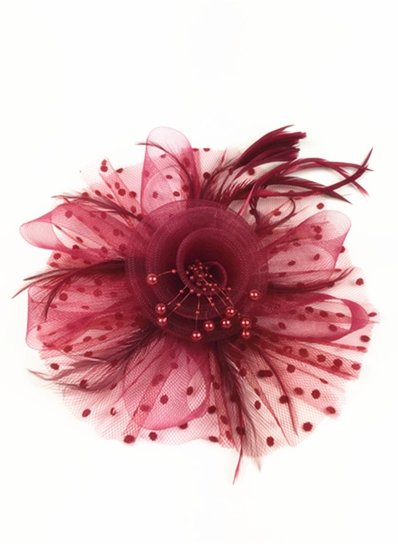 D'Daniela Ddaniela Monalisa Fascinator Hats for Women Tea Party Headband,  Hat Flower Mesh Ribbons Feathers on a Headband and a Clip Tea Party Headwear for Girls and Women Dark Red - Image 4