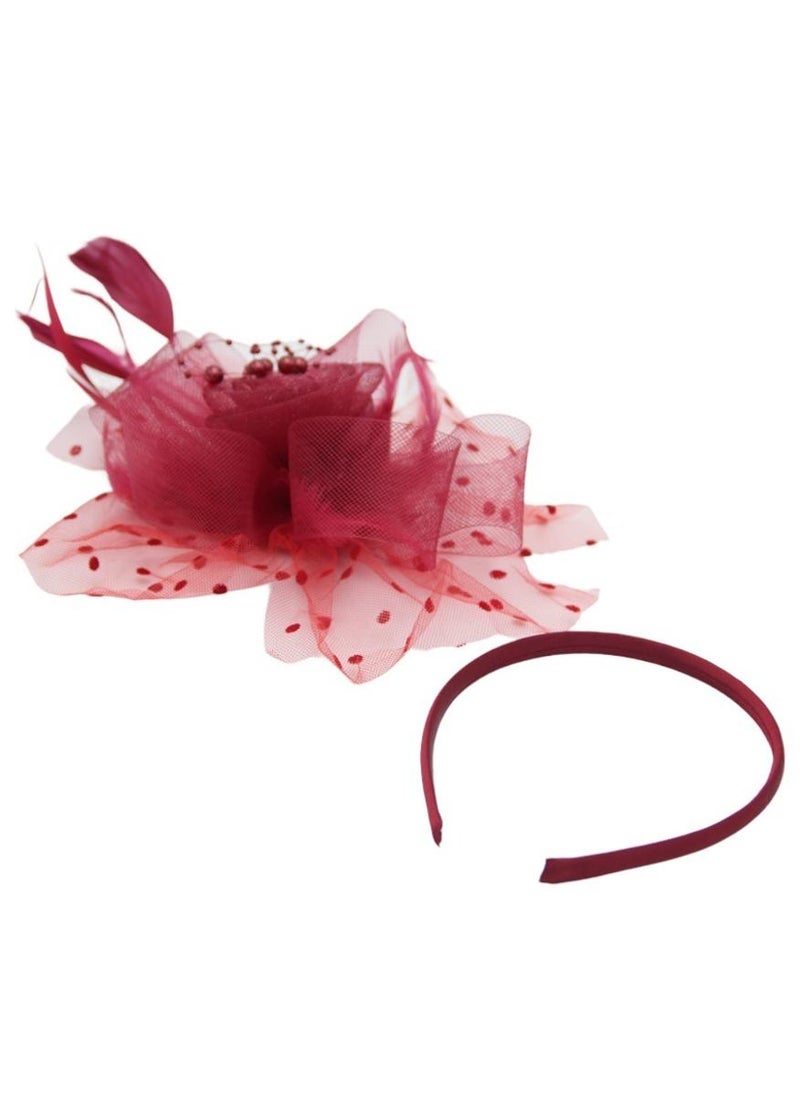 D'Daniela Ddaniela Monalisa Fascinator Hats for Women Tea Party Headband,  Hat Flower Mesh Ribbons Feathers on a Headband and a Clip Tea Party Headwear for Girls and Women Dark Red - Image 2