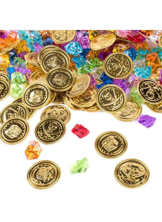 Super Z Outlet - Pirate Plastic Gold Colored Coins Buried Treasure And Pirate Gems Jewelry Playset Activity Game Piece Pack Party Favor Decorations (120 Coins + 120 Gems) - Image 1