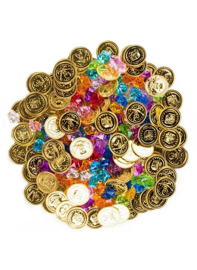 Super Z Outlet - Pirate Plastic Gold Colored Coins Buried Treasure And Pirate Gems Jewelry Playset Activity Game Piece Pack Party Favor Decorations (120 Coins + 120 Gems) - Image 1
