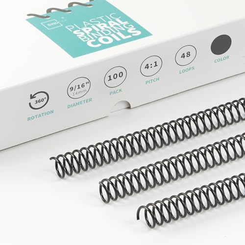 Binditek 100 Pack Plastic Spiral Binding Coils, 14mm(9/16"), 115 Sheet Capacity, 4:1 Pitch, Black, 48 Loops, for Students and Coworkers - Image 1