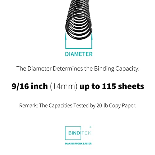 Binditek 100 Pack Plastic Spiral Binding Coils, 14mm(9/16"), 115 Sheet Capacity, 4:1 Pitch, Black, 48 Loops, for Students and Coworkers - Image 2