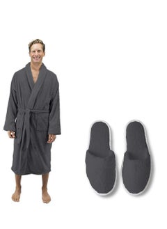Soft cotton bathrobe with a pocket waist belt and slipper in an elegant design in gray color