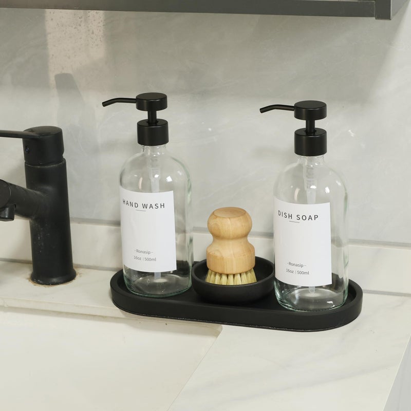 Ronasip Set Of 5 Kitchen Soap Dispenser Set 16 Oz Glass Hand Dish Soap Dispenser With Stainless Steel Pump  Cement Tray  Dish Scrub Brush For Farmhouse Rustic Home Bathroom Decor (Transparency) - Image 2