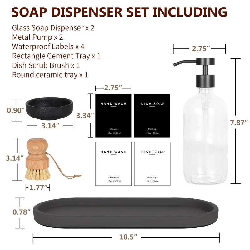 Ronasip Set Of 5 Kitchen Soap Dispenser Set 16 Oz Glass Hand Dish Soap Dispenser With Stainless Steel Pump  Cement Tray  Dish Scrub Brush For Farmhouse Rustic Home Bathroom Decor (Transparency) - Image 5