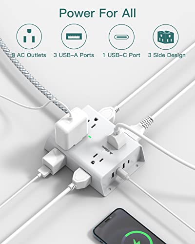 Addtam شريط الطاقة الواقي من الارتفاعات 10 أقدام، كابل تمديد Addtam مع 8 مآخذ AC و 4 منافذ USB (1 USB C)، شريط توسيع مآخذ 3 جوانب، قابس مسطح، تركيب على الحائط، أساسي للمكتب المنزلي، مدرج في ETL - Image 2