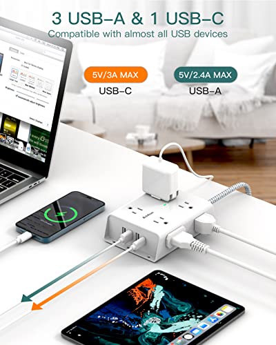Addtam شريط الطاقة الواقي من الارتفاعات 10 أقدام، كابل تمديد Addtam مع 8 مآخذ AC و 4 منافذ USB (1 USB C)، شريط توسيع مآخذ 3 جوانب، قابس مسطح، تركيب على الحائط، أساسي للمكتب المنزلي، مدرج في ETL - Image 5
