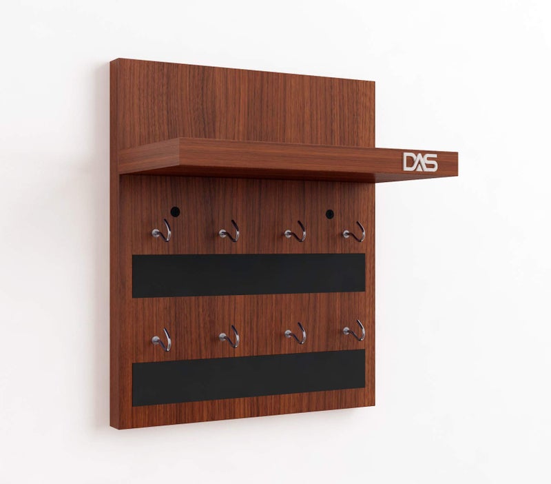 DAS Wall Mounted Home Décor Key Chain Holder/Key Hooks Organizer with Wall Shelf Display Rack Classic Walnut for Home and Office (8 Hooks)- Larose Pack of 1 - Image 3