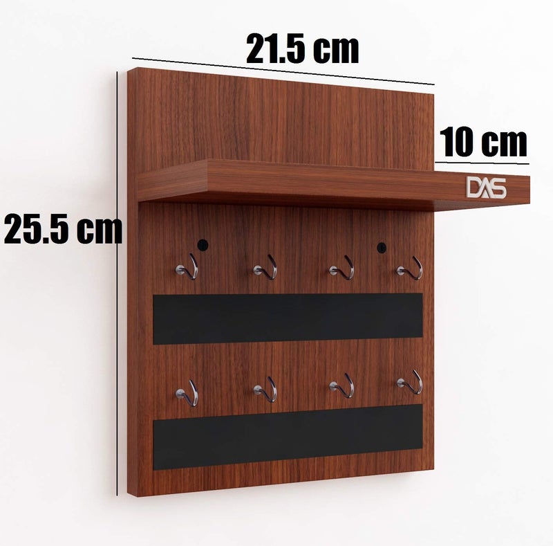 DAS Wall Mounted Home Décor Key Chain Holder/Key Hooks Organizer with Wall Shelf Display Rack Classic Walnut for Home and Office (8 Hooks)- Larose Pack of 1 - Image 5