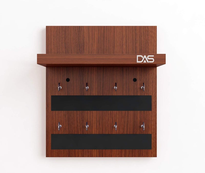 DAS Wall Mounted Home Décor Key Chain Holder/Key Hooks Organizer with Wall Shelf Display Rack Classic Walnut for Home and Office (8 Hooks)- Larose Pack of 1 - Image 4