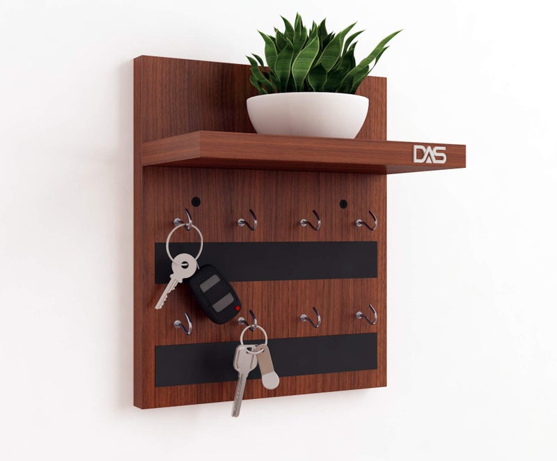 DAS Wall Mounted Home Décor Key Chain Holder/Key Hooks Organizer with Wall Shelf Display Rack Classic Walnut for Home and Office (8 Hooks)- Larose Pack of 1 - Image 1
