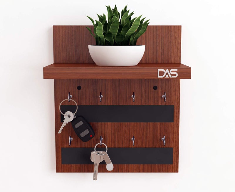 DAS Wall Mounted Home Décor Key Chain Holder/Key Hooks Organizer with Wall Shelf Display Rack Classic Walnut for Home and Office (8 Hooks)- Larose Pack of 1 - Image 2