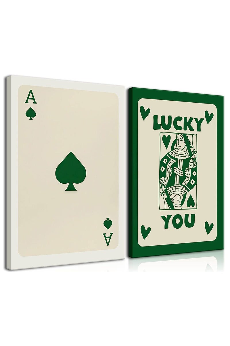 AKWISH Framed Set of 2 Poker Trendy Retro Queen Green Ace Card Lucky You Canvas Wall Art Print Card Poster - Image 1