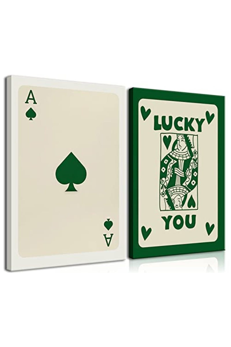 AKWISH Framed Set of 2 Poker Trendy Retro Queen Green Ace Card Lucky You Canvas Wall Art Print Card Poster - Image 2