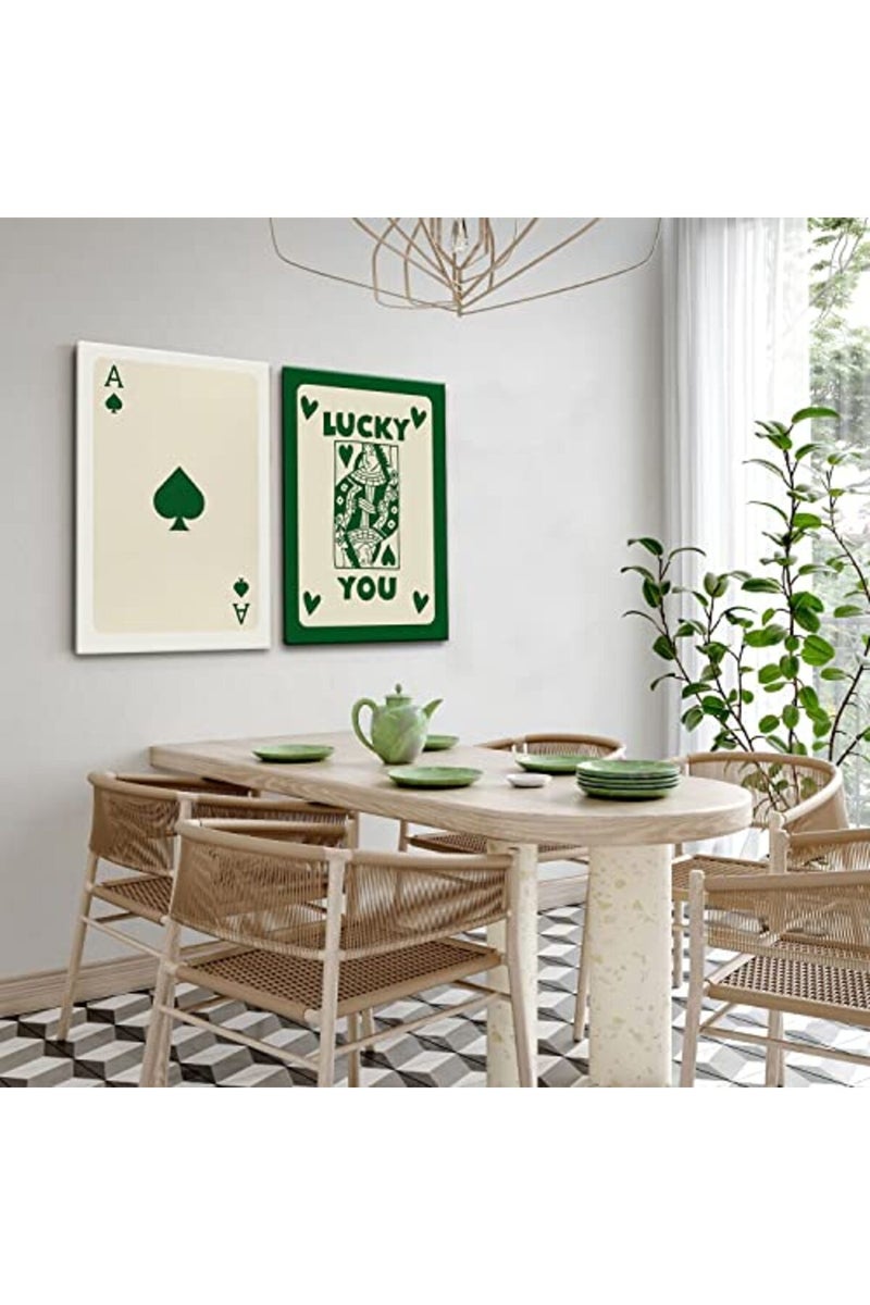 AKWISH Framed Set of 2 Poker Trendy Retro Queen Green Ace Card Lucky You Canvas Wall Art Print Card Poster - Image 3