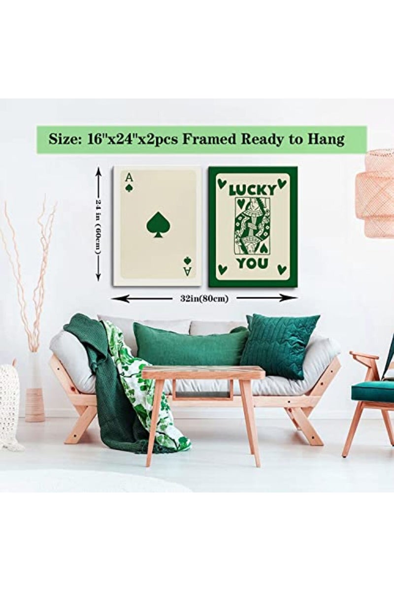 AKWISH Framed Set of 2 Poker Trendy Retro Queen Green Ace Card Lucky You Canvas Wall Art Print Card Poster - Image 5
