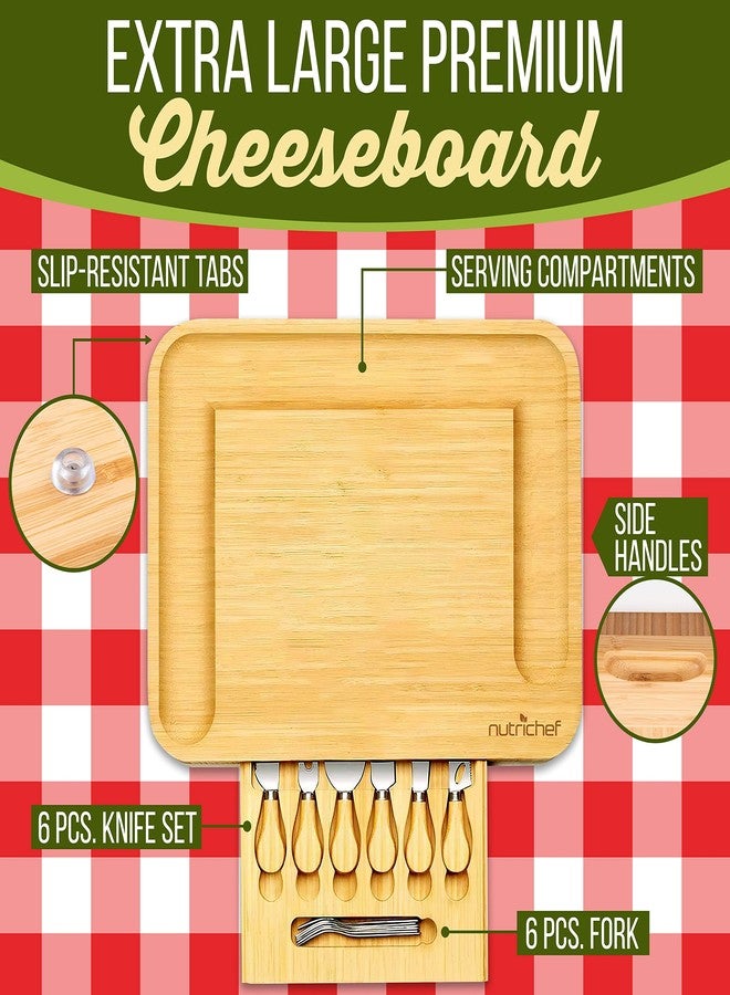 NutriChef Organic Bamboo Cheese & Charcuterie Board Set, Extra Large Serving Platter with Stainless Steel Knives, Fork and Condiment Cup – Ideal for Kitchen, Parties & Gifting - Image 2