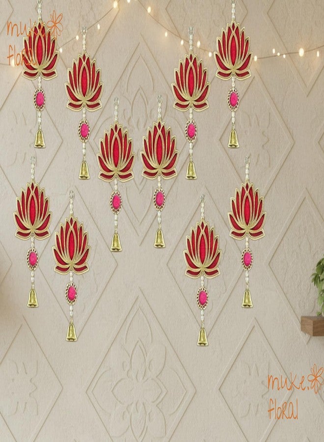 Muke Floral Lotus Hanging Toran for Door & Wall | Decorative Wooden Lotus Wall Hanging with Bells | Festive Home Décor for Diwali, Pooja, Griha Pravesh & Temple (Pink 12pcs) - Image 4