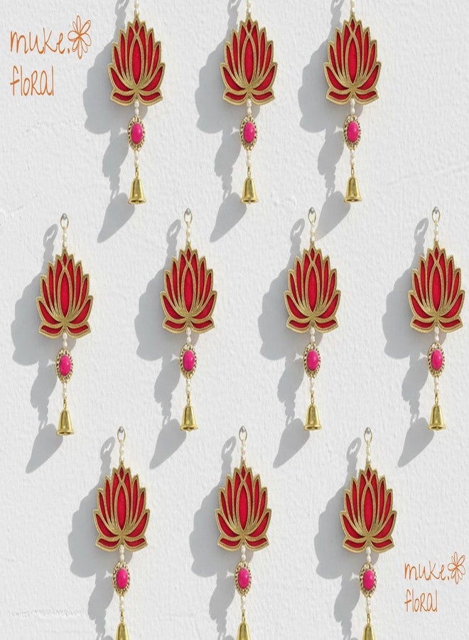Muke Floral Lotus Hanging Toran for Door & Wall | Decorative Wooden Lotus Wall Hanging with Bells | Festive Home Décor for Diwali, Pooja, Griha Pravesh & Temple (Pink 12pcs) - Image 1