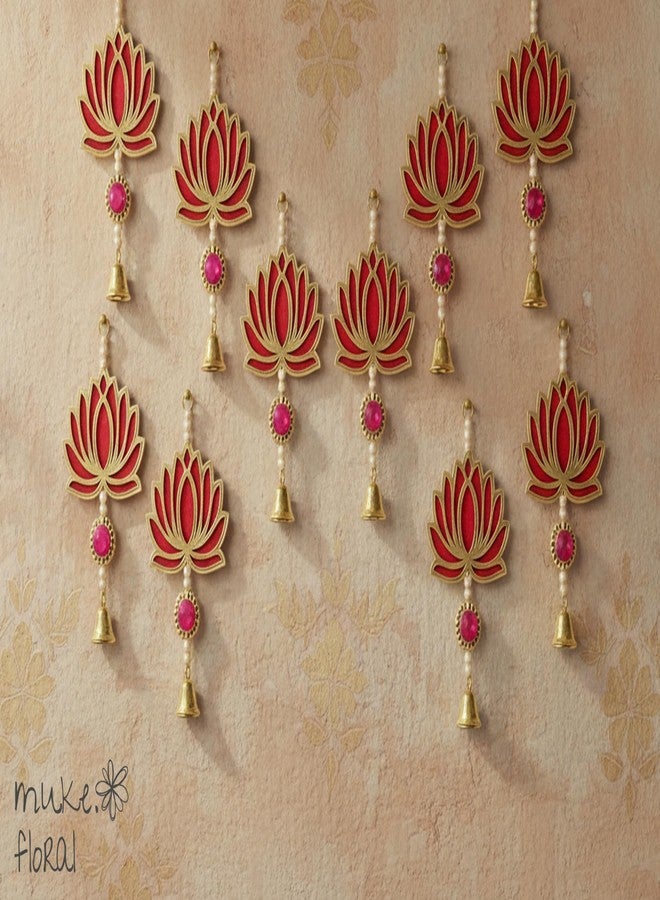 Muke Floral Lotus Hanging Toran for Door & Wall | Decorative Wooden Lotus Wall Hanging with Bells | Festive Home Décor for Diwali, Pooja, Griha Pravesh & Temple (Pink 12pcs) - Image 2