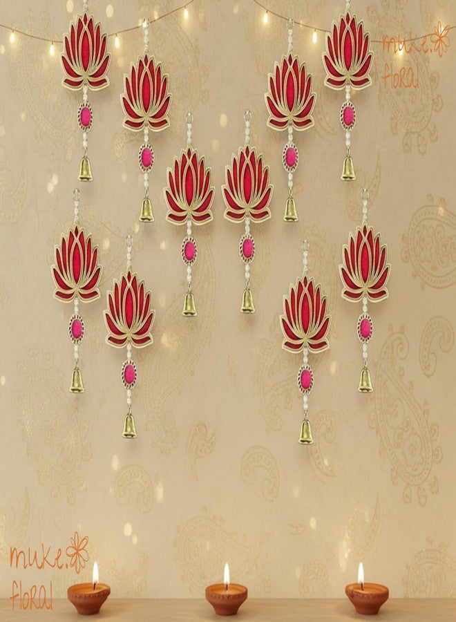 Muke Floral Lotus Hanging Toran for Door & Wall | Decorative Wooden Lotus Wall Hanging with Bells | Festive Home Décor for Diwali, Pooja, Griha Pravesh & Temple (Pink 12pcs) - Image 3