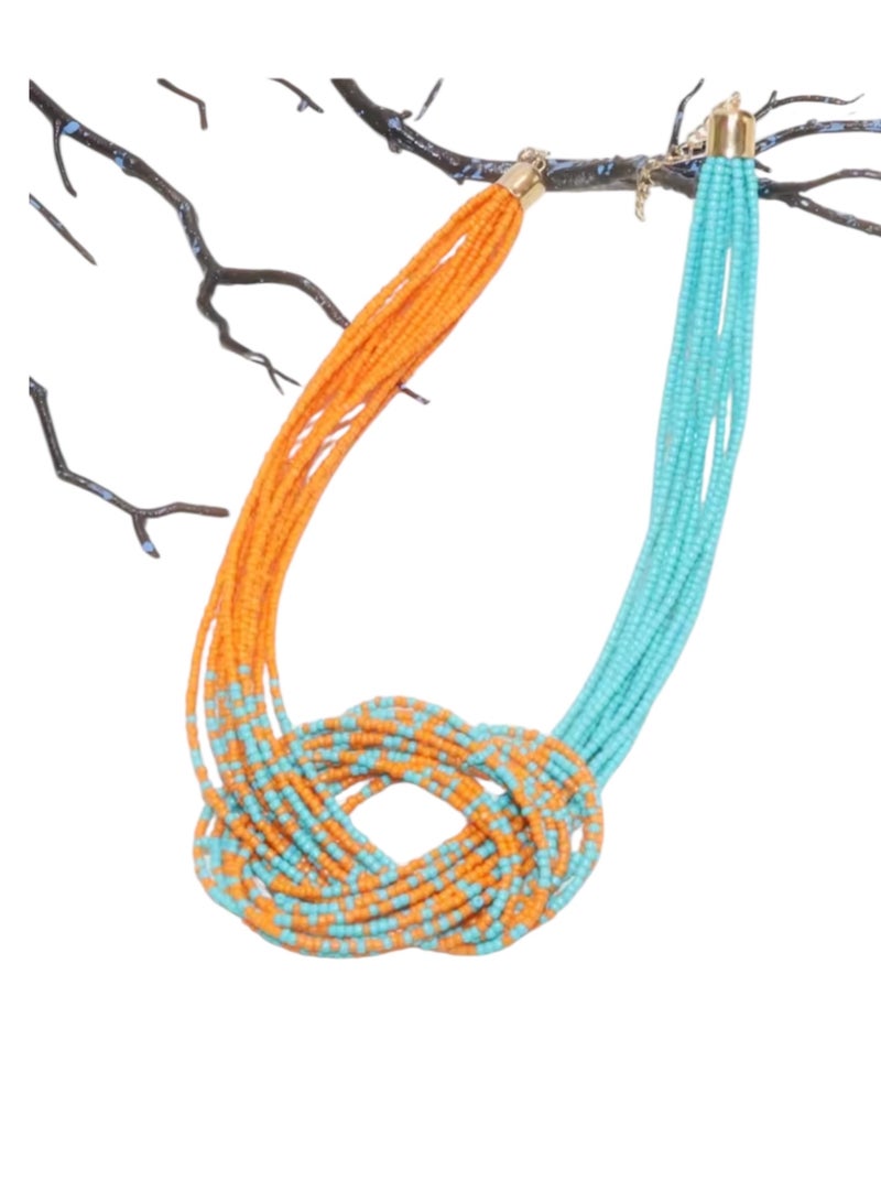 ANUM BY MUNA Handmade Beaded Necklace with Double Knot Design – Orange & Turquoise - Image 4