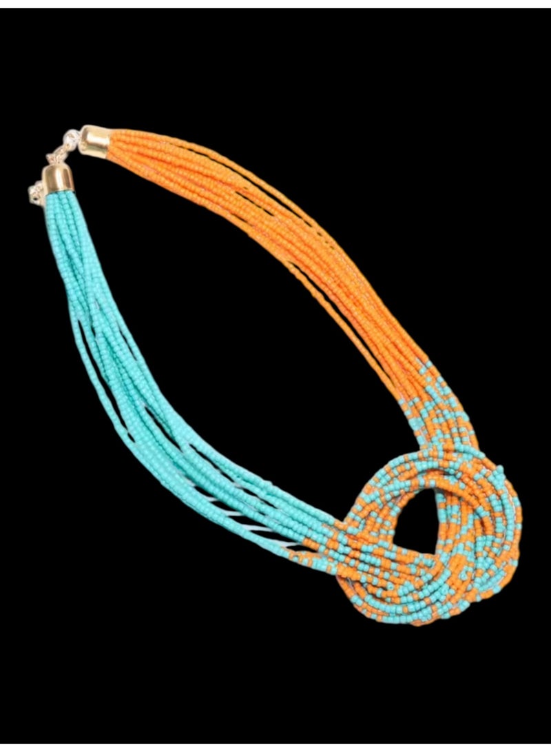 ANUM BY MUNA Handmade Beaded Necklace with Double Knot Design – Orange & Turquoise - Image 2