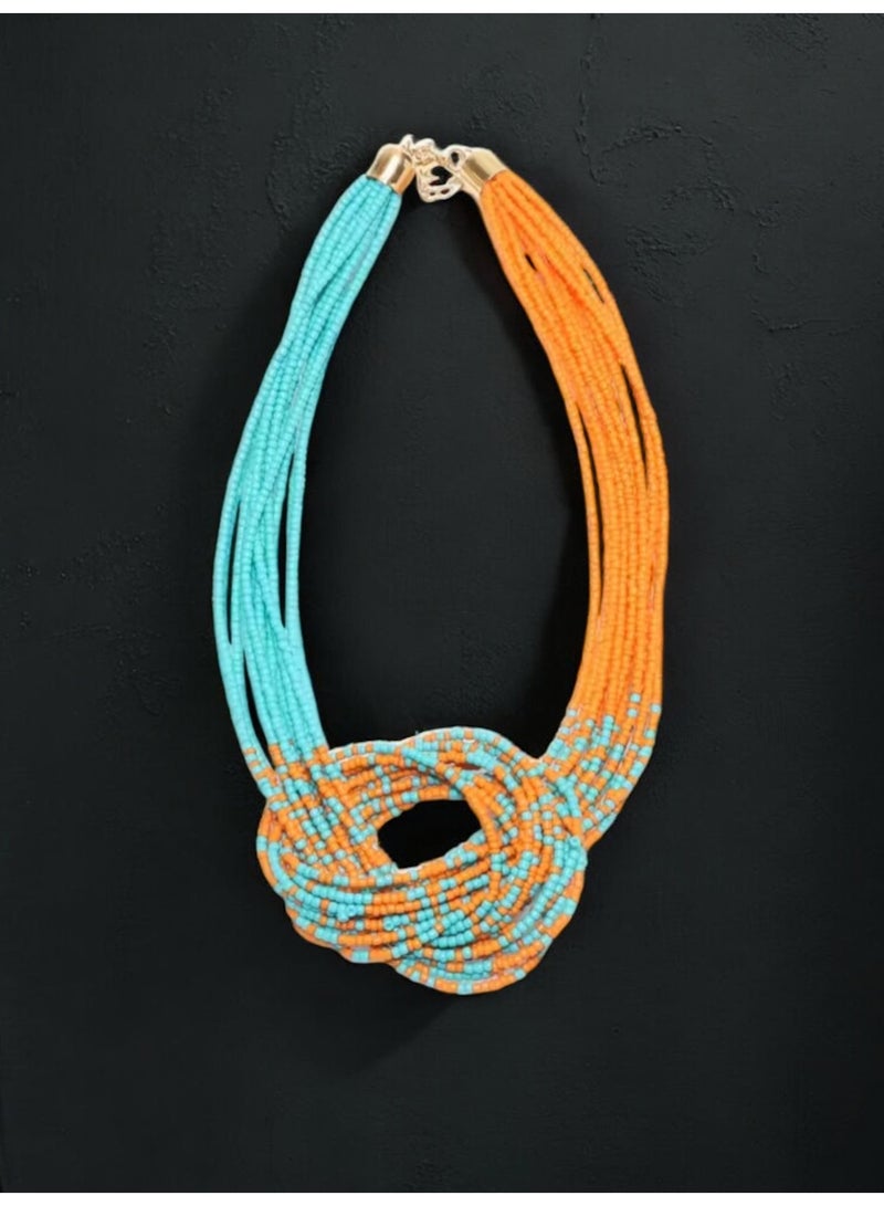 ANUM BY MUNA Handmade Beaded Necklace with Double Knot Design – Orange & Turquoise - Image 5