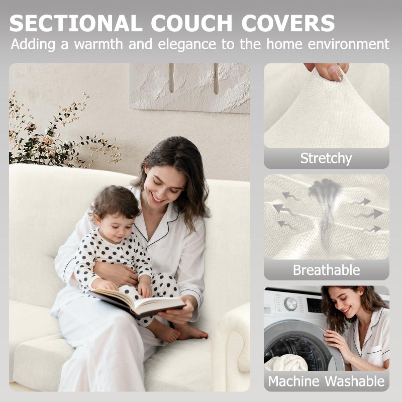 Arfntevss Velvet Striped Corner Sectional Couch Covers L Shape Couch Cushion Covers Fitted Stretch Sofa Covers 11-Piece U Shaped Furniture Protector (5 Seat Covers 6 Back Cushion Covers, Ivory) - Image 4
