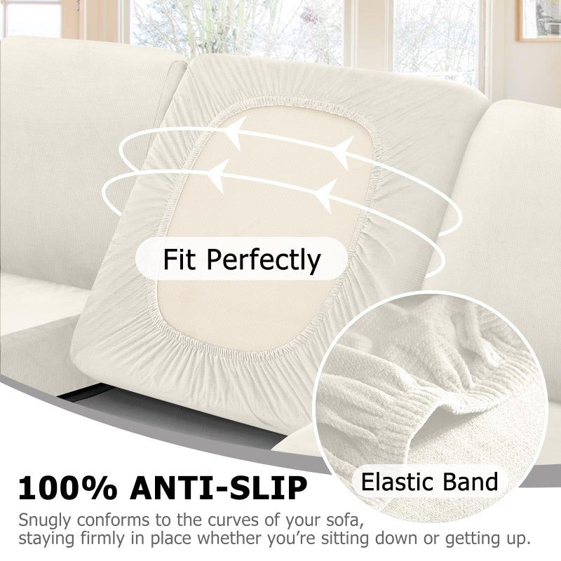 Arfntevss Velvet Striped Corner Sectional Couch Covers L Shape Couch Cushion Covers Fitted Stretch Sofa Covers 11-Piece U Shaped Furniture Protector (5 Seat Covers 6 Back Cushion Covers, Ivory) - Image 3
