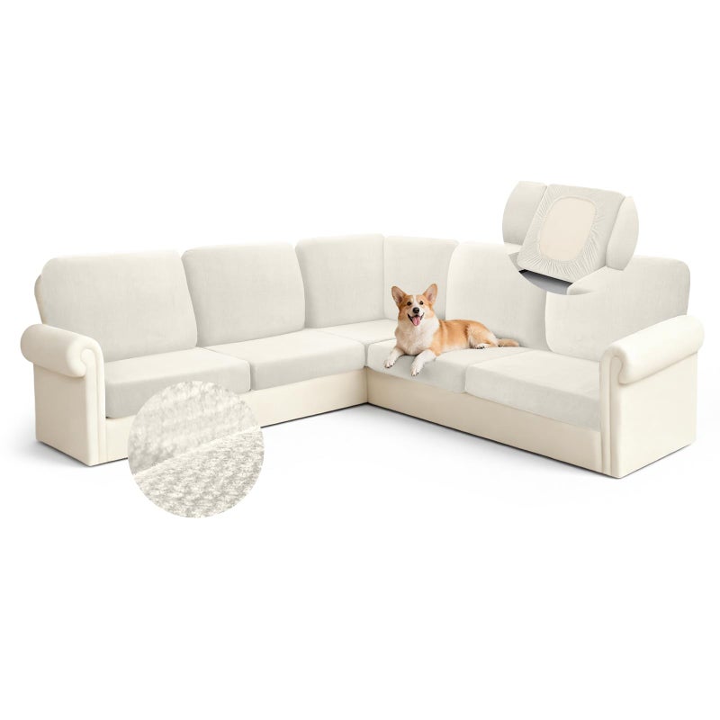 Arfntevss Velvet Striped Corner Sectional Couch Covers L Shape Couch Cushion Covers Fitted Stretch Sofa Covers 11-Piece U Shaped Furniture Protector (5 Seat Covers 6 Back Cushion Covers, Ivory) - Image 1