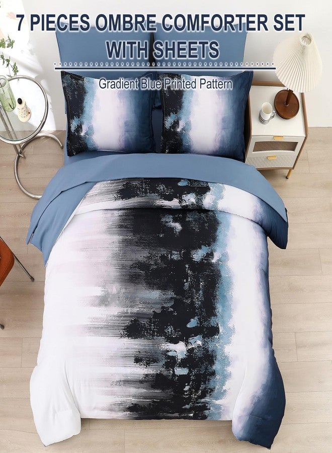 Dinjoy Ombre Blue Comforter Set Queen Size Gradient Navy Blue Black Boho Bedding Set for Teen Men Women 7 Pieces Bed in A Bag Bohemian Bed Set with Comforter, Sheets, Pillowcases & Shams - Image 3