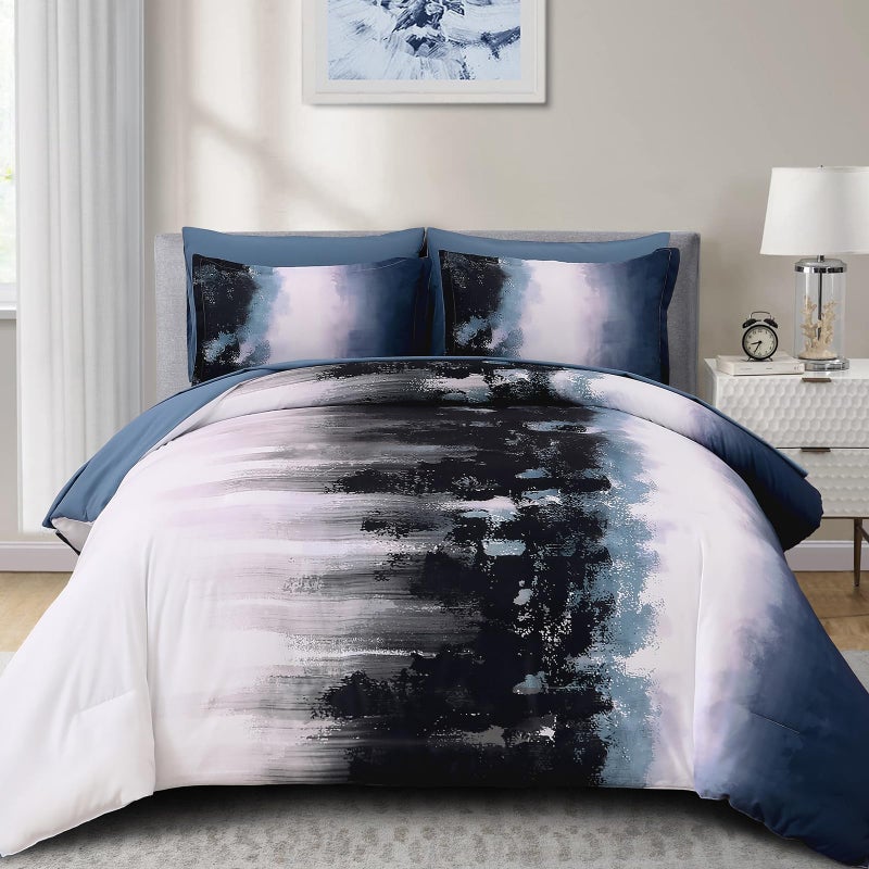 Dinjoy Ombre Blue Comforter Set Queen Size Gradient Navy Blue Black Boho Bedding Set for Teen Men Women 7 Pieces Bed in A Bag Bohemian Bed Set with Comforter, Sheets, Pillowcases & Shams - Image 1