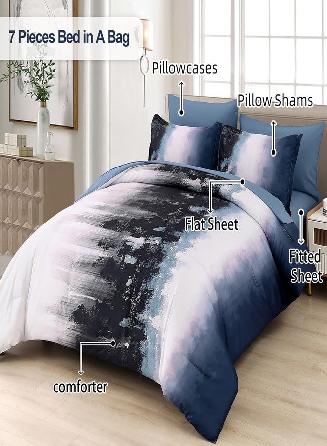 Dinjoy Ombre Blue Comforter Set Queen Size Gradient Navy Blue Black Boho Bedding Set for Teen Men Women 7 Pieces Bed in A Bag Bohemian Bed Set with Comforter, Sheets, Pillowcases & Shams - Image 2