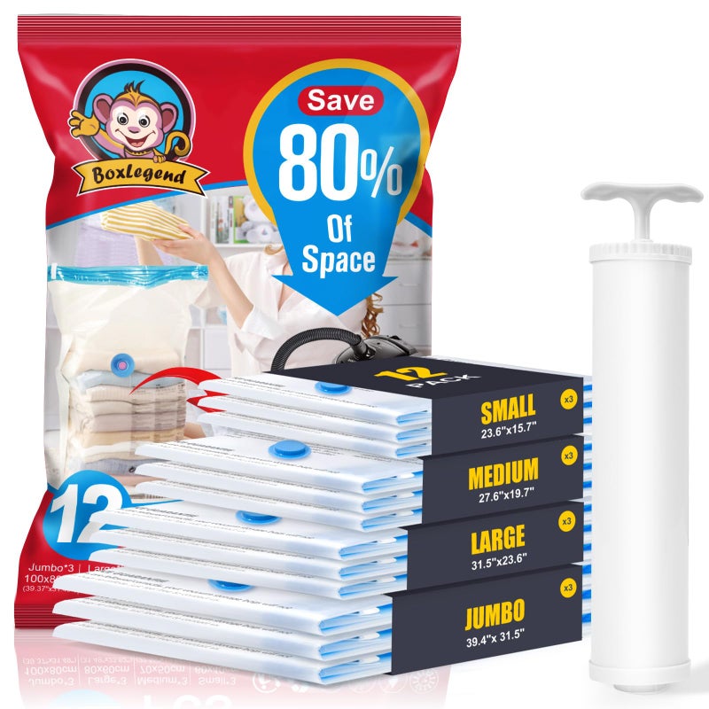 BoxLegend Vacuum Storage Bags with Large Hand Pump 12 Combo (3 Jumbo,3 Large, 3 Medium, 3 Small) Thickened Vacuum Seal Bags for Clothing Coat Bedding Quilt Blanket Pillow Comforters - Image 1